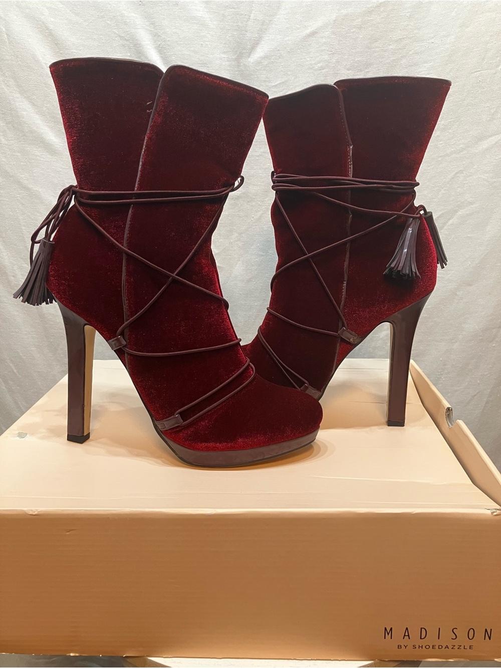Shoe Dazzle Madison NEW Wine Red Velvet Tassel Stiletto Ankle Boots 10